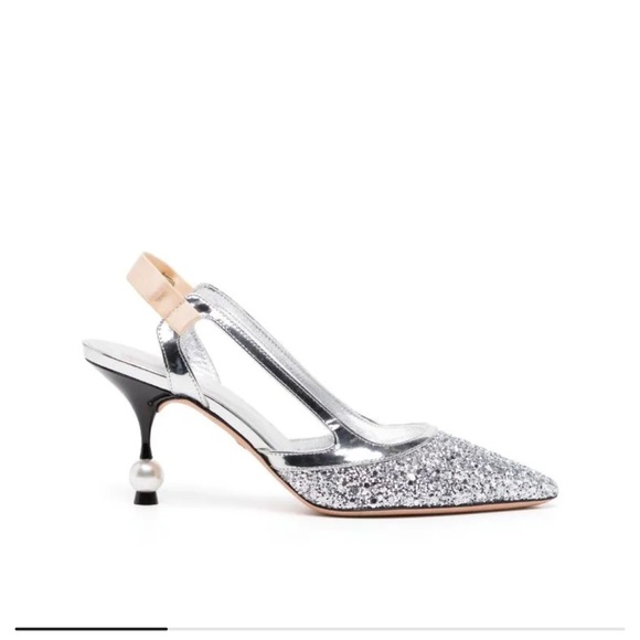 Giambattista Valli Designer Luxury Rhinestone-Pearl Slingback Silver Shoes 39